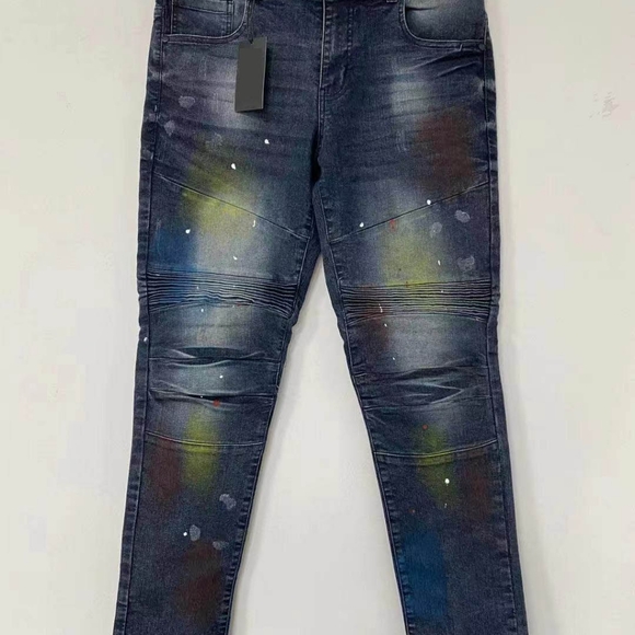 Men's Stretch Denim MOTO Jeans with paint drips - Picture 4 of 9